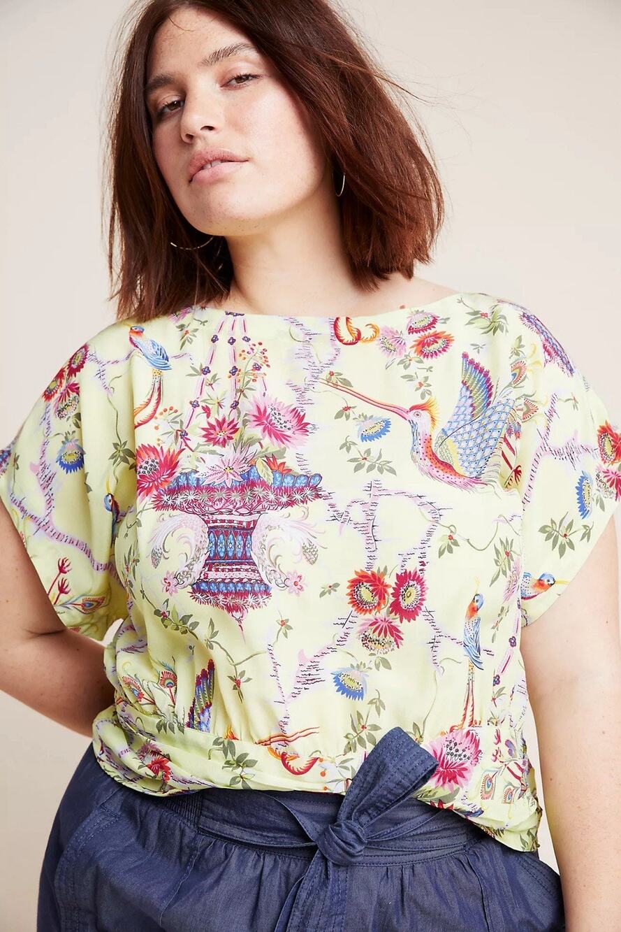 Anthropologie Maeve 100% Silk Garden Floral Birds Blouse Multicolored Size 14